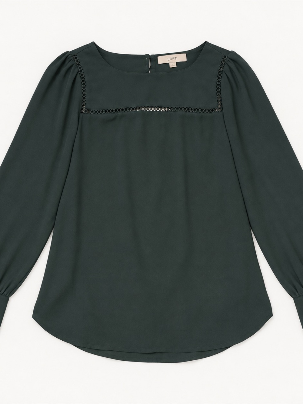 LOFT Dark Green Long-Sleeve Lace-Trim Blouse